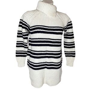 LANDS' END Ivory Blue Stripe Split Neck Chunky Knit Nautical Tunic Sweater S